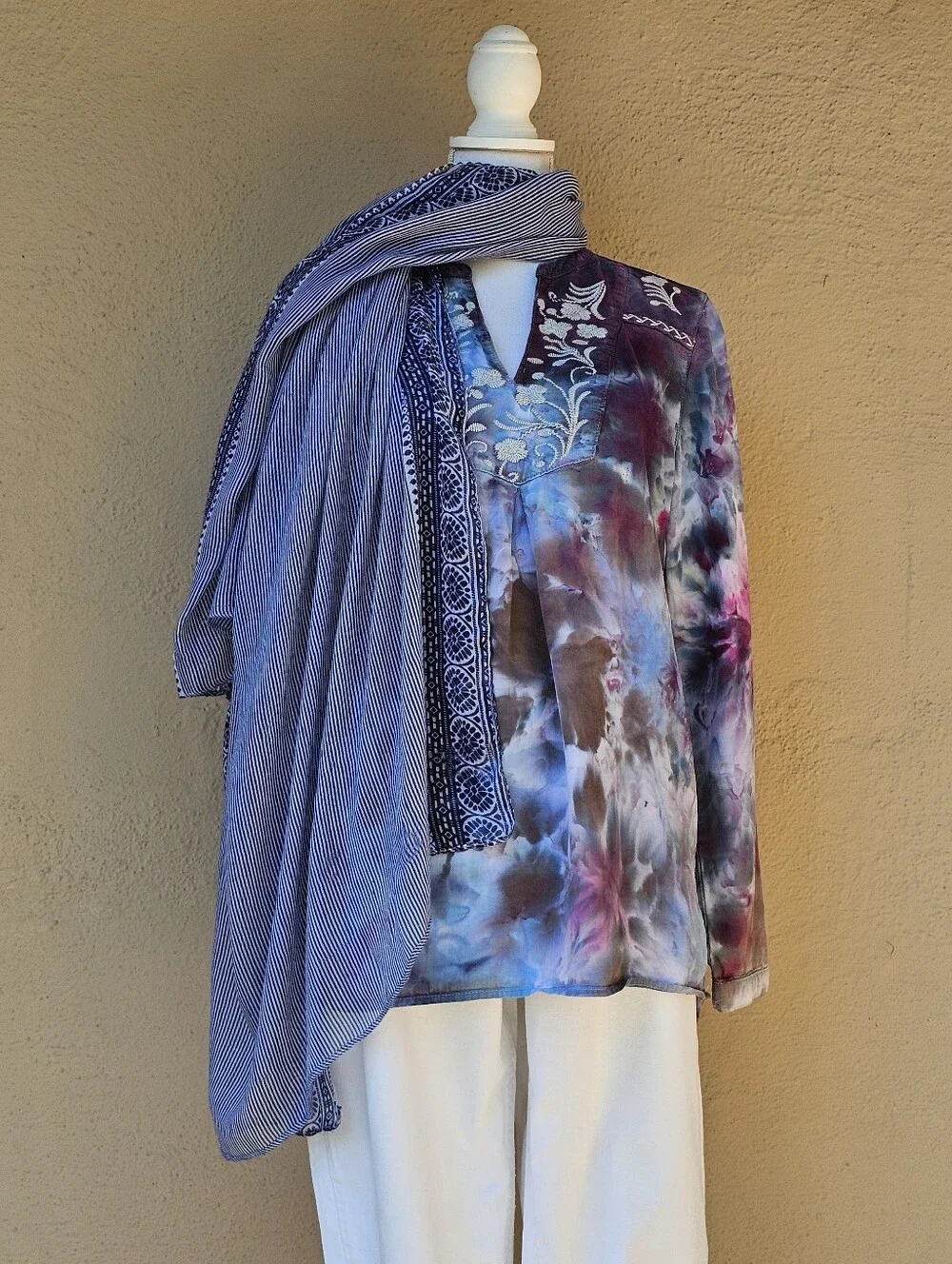 Semi Sheer Gauzy Mixed Print Blue & White Scarf